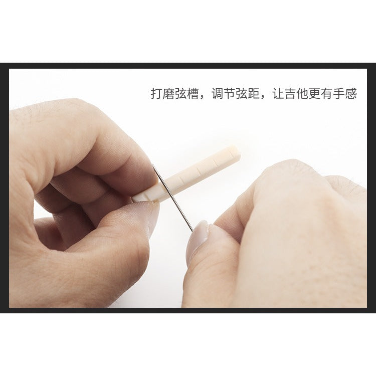Close-up of a person's hands using a fine metal rod to smooth and adjust a light wood guitar string bed, with Chinese text at the top explaining string bed dressing and tension adjustment.