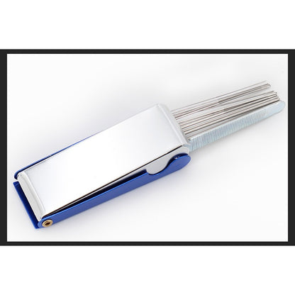 A blue and silver metal nail file set with multiple textured and smooth abrasive strips, shown on a white background with a black border.