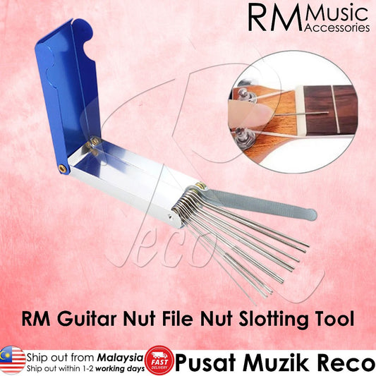 RM Guitar Nut File Nut Slotting Tool by RM Music Accessories, featuring a blue handle, silver metal rod, and multiple fine steel slots, shown on a pink background with an inset demonstrating use on a guitar headstock.