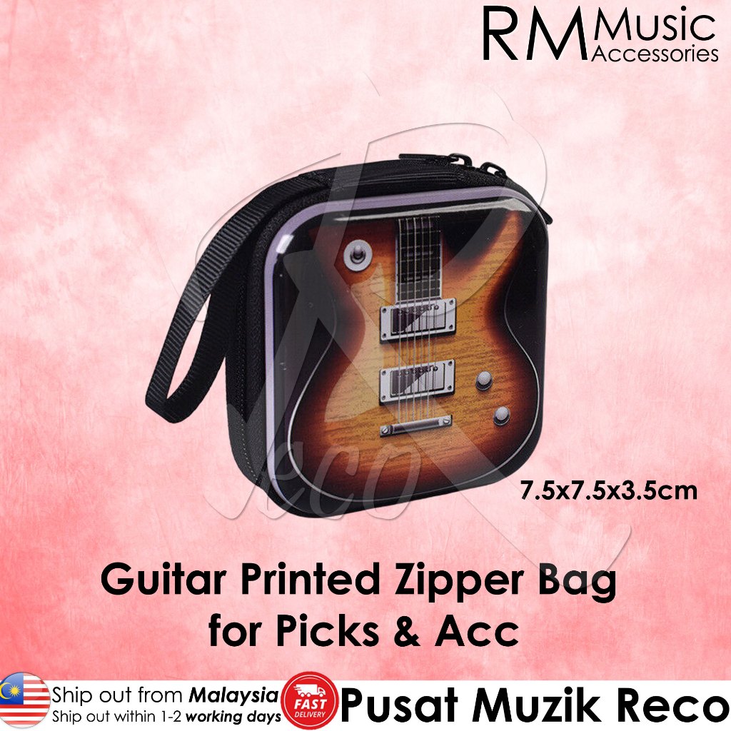A guitar-printed zipper bag with a black strap, shown on a pink textured background. The bag features a sunburst electric guitar design with brown, orange, and black tones.