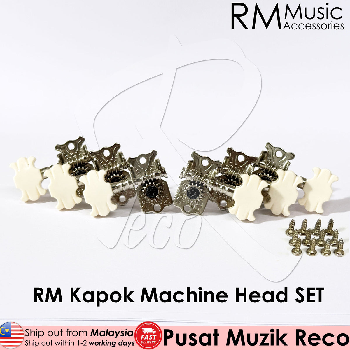 RM Music Accessories RM Kapok Machine Head SET, featuring two rows of decorative metal hardware pieces in antique gold and silver finishes, alongside several cream-colored frog-shaped pieces and a set of screws, displayed on a white background with text overlays.