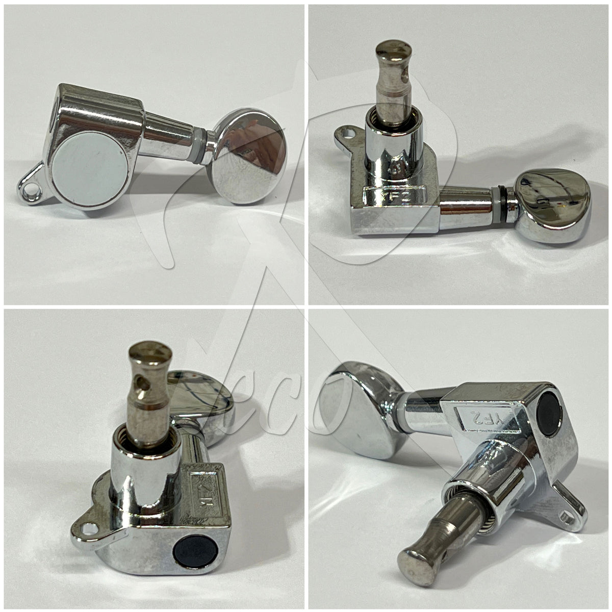 Four views of a chrome guitar tremolo tailpiece on a white background, showing different angles of the hardware.