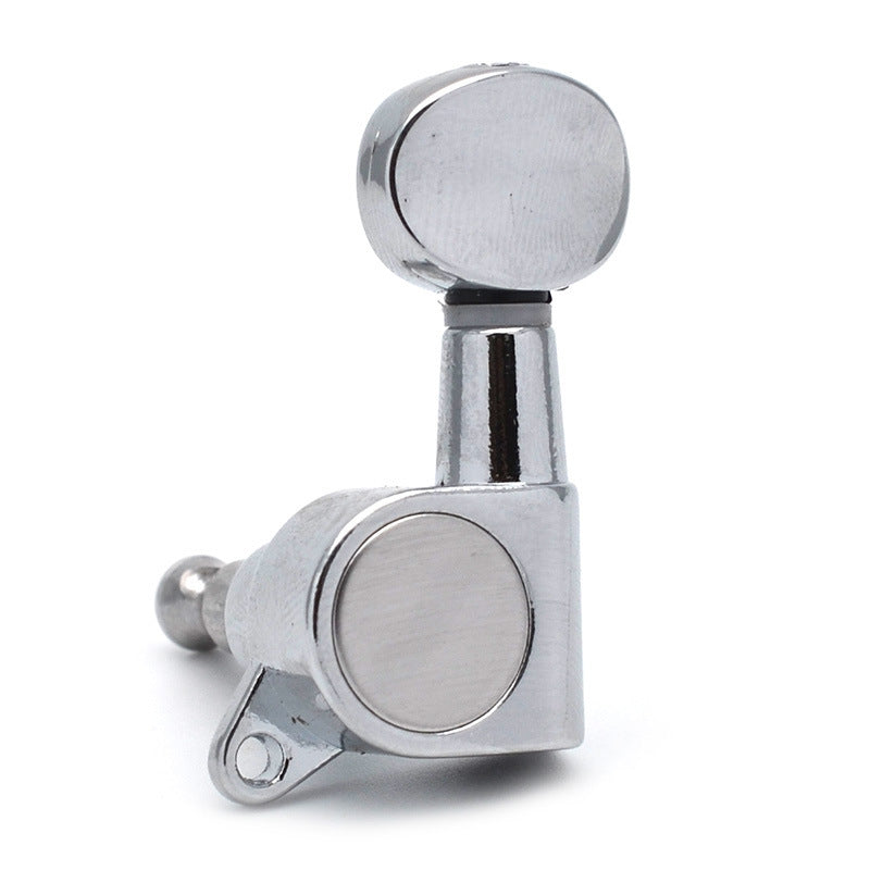 A single chrome metal guitar tuning peg with a circular textured face and a mounting bracket, shown on a clean white background.