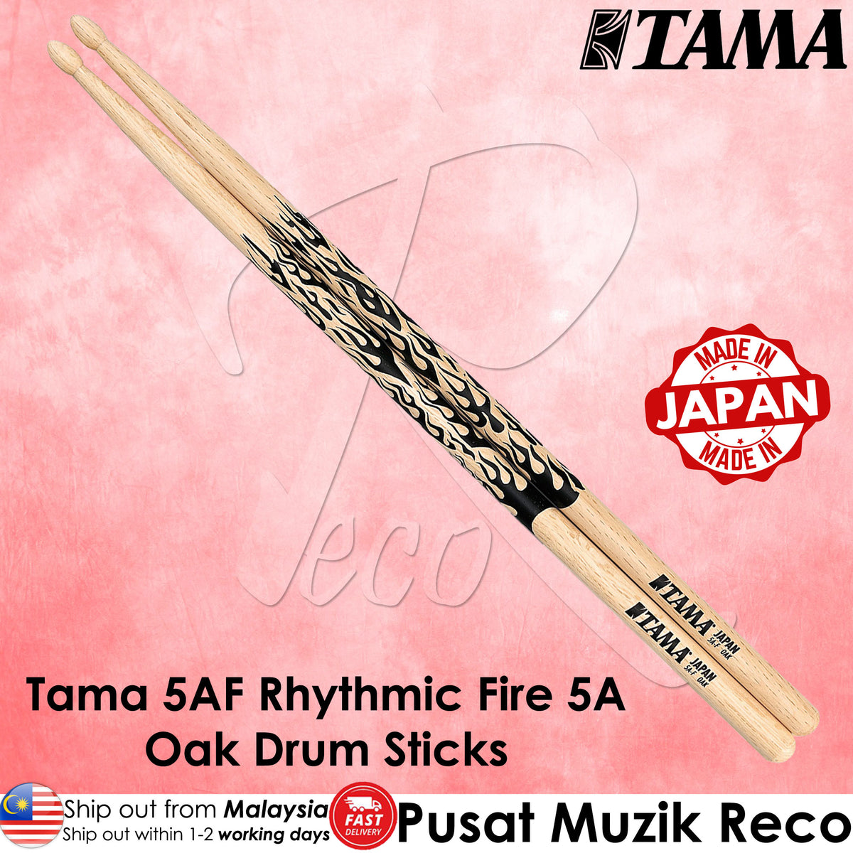 Tama 5AF Rhythmic Fire 5A Oak Drum Sticks with Tama logo on a pink background