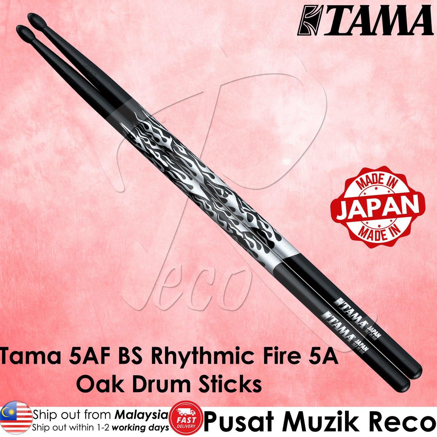 Tama 5AF-BS Rhythmic Fire Japanese Oak 5A Drum Sticks, Black Silver Flame