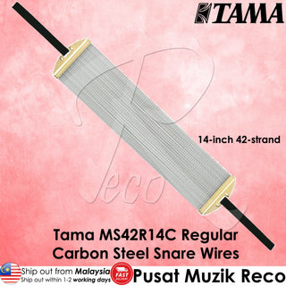 Tama MS42R14C regular carbon steel snare wires on a pink background with Tama branding.
