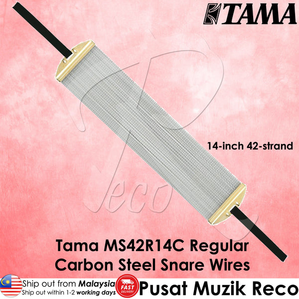 Tama MS42R14C regular carbon steel snare wires on a pink background with Tama branding.