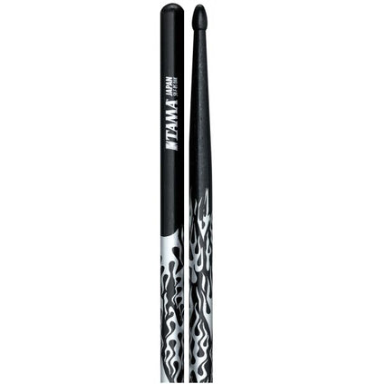Tama 5AF-BS Rhythmic Fire Japanese Oak 5A Drum Sticks, Black Silver Flame