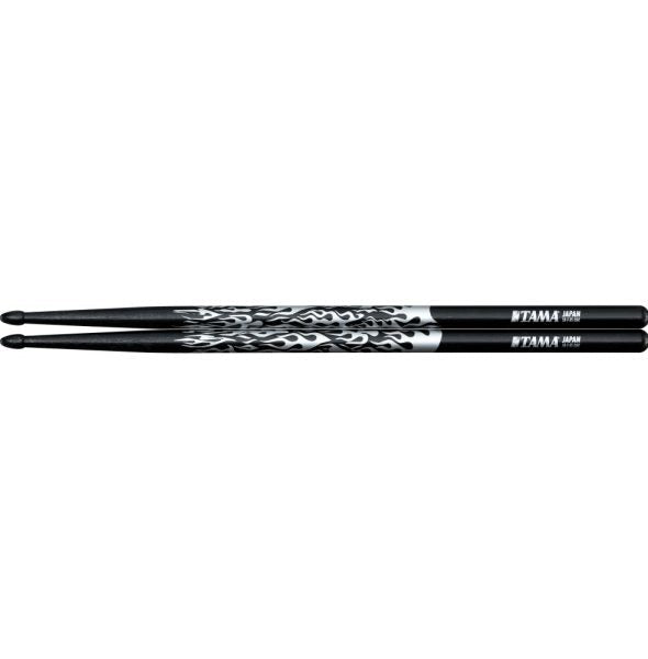 Tama 5AF-BS Rhythmic Fire Japanese Oak 5A Drum Sticks, Black Silver Flame