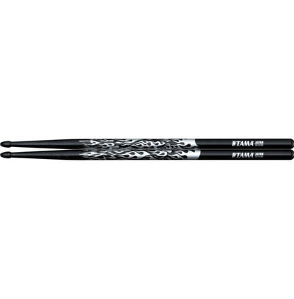 Tama 5AF-BS Rhythmic Fire Japanese Oak 5A Drum Sticks, Black Silver Flame