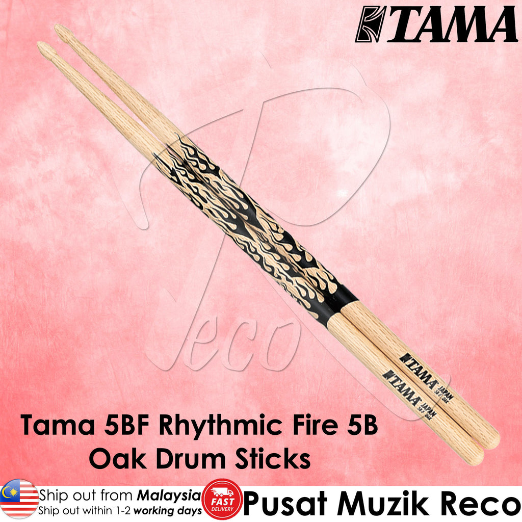 Tama 5BF Rhythmic Fire 5B Oak Drum Sticks on a pink background with Tama logo.