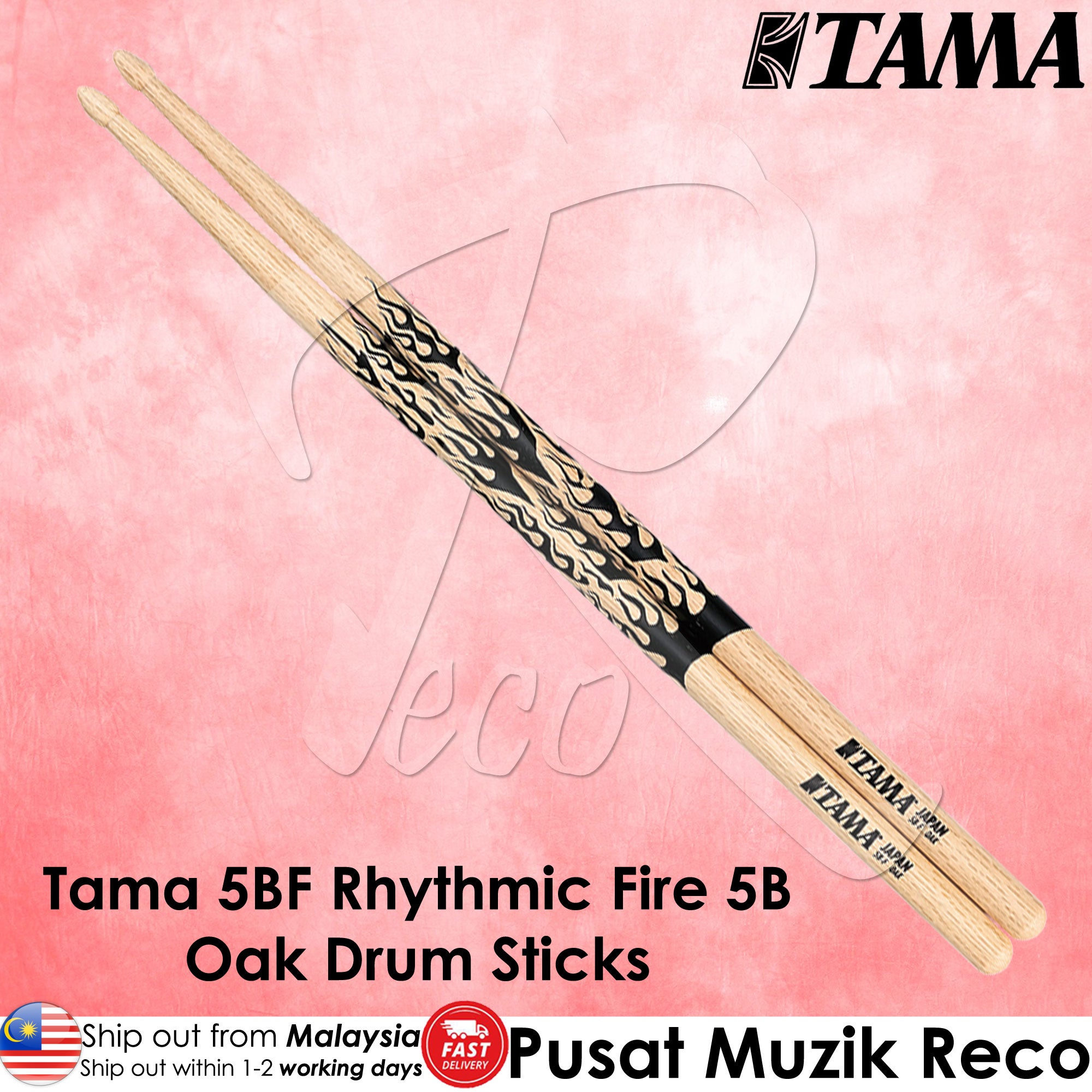 Tama 5BF Rhythmic Fire 5B Oak Drum Sticks on a pink background with Tama logo.