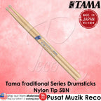 Tama Traditional Series drumsticks with nylon tip on a pink background, featuring Tama logo and 'Made in Japan' badge.