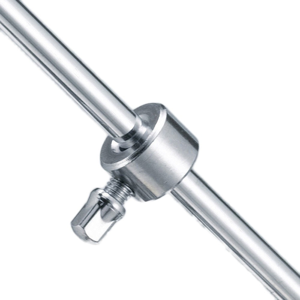 Close-up of a metallic rod with a cylindrical component and adjustable knob on a white background