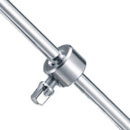 Close-up of a metallic rod with a cylindrical component and adjustable knob on a white background