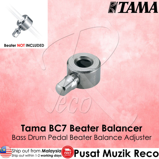 Tama BC7 Beater Balancer for bass drum pedal on a pink background with Tama logo.