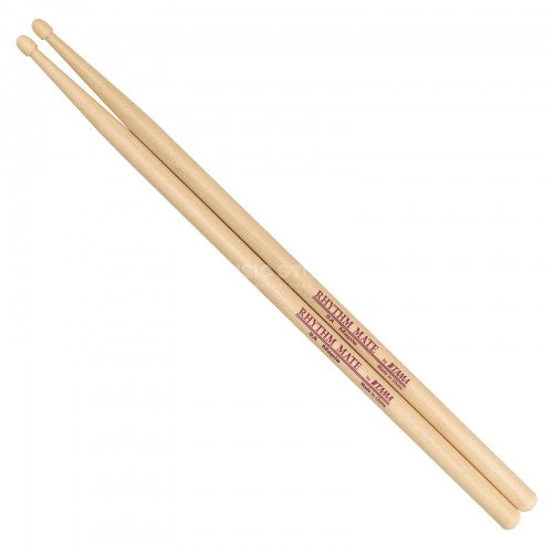 A pair of light natural wood drumsticks crossed over each other on a plain white background, with red printed text reading 'RHYTHM MATE' and 'BAYTIME MAT' on the shafts.