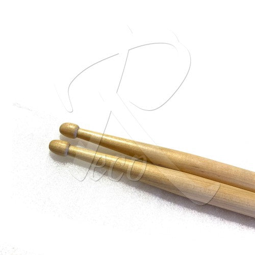 Two light natural wood drumsticks with rounded tips, arranged diagonally on a white background with a faint watermark overlay.
