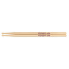 Two light natural wood drumsticks laid horizontally on a plain white background, with red printed text reading 'RHYTHM MAZE' and 'ATOM' on the shafts.