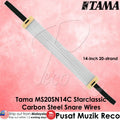 A 14-inch 20-strand carbon steel snare wire tensioner by Tama, shown diagonally on a pink textured background with product text overlays.