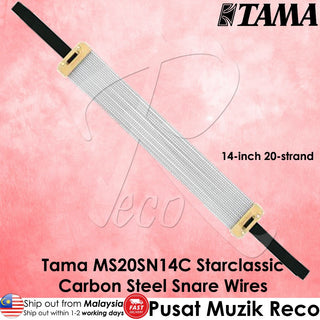 A 14-inch 20-strand carbon steel snare wire tensioner by Tama, shown diagonally on a pink textured background with product text overlays.
