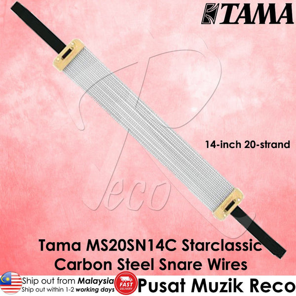 A 14-inch 20-strand carbon steel snare wire tensioner by Tama, shown diagonally on a pink textured background with product text overlays.