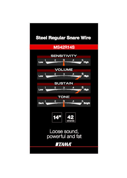 TAMA steel regular snare wire packaging with control settings on a black background
