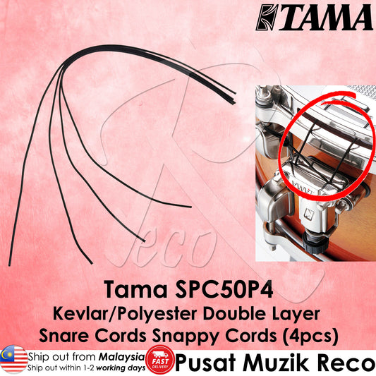 Tama SPC50P4 snare cord set with close-up of connection on a pink background