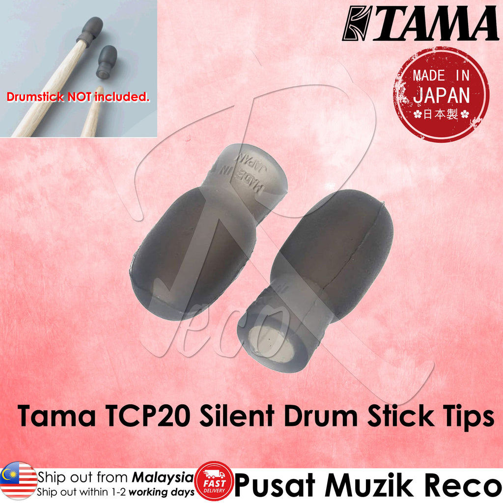 Tama TCP20 Silent Drum Stick Tips with Tama branding and 'Made in Japan' badge on a pink background.