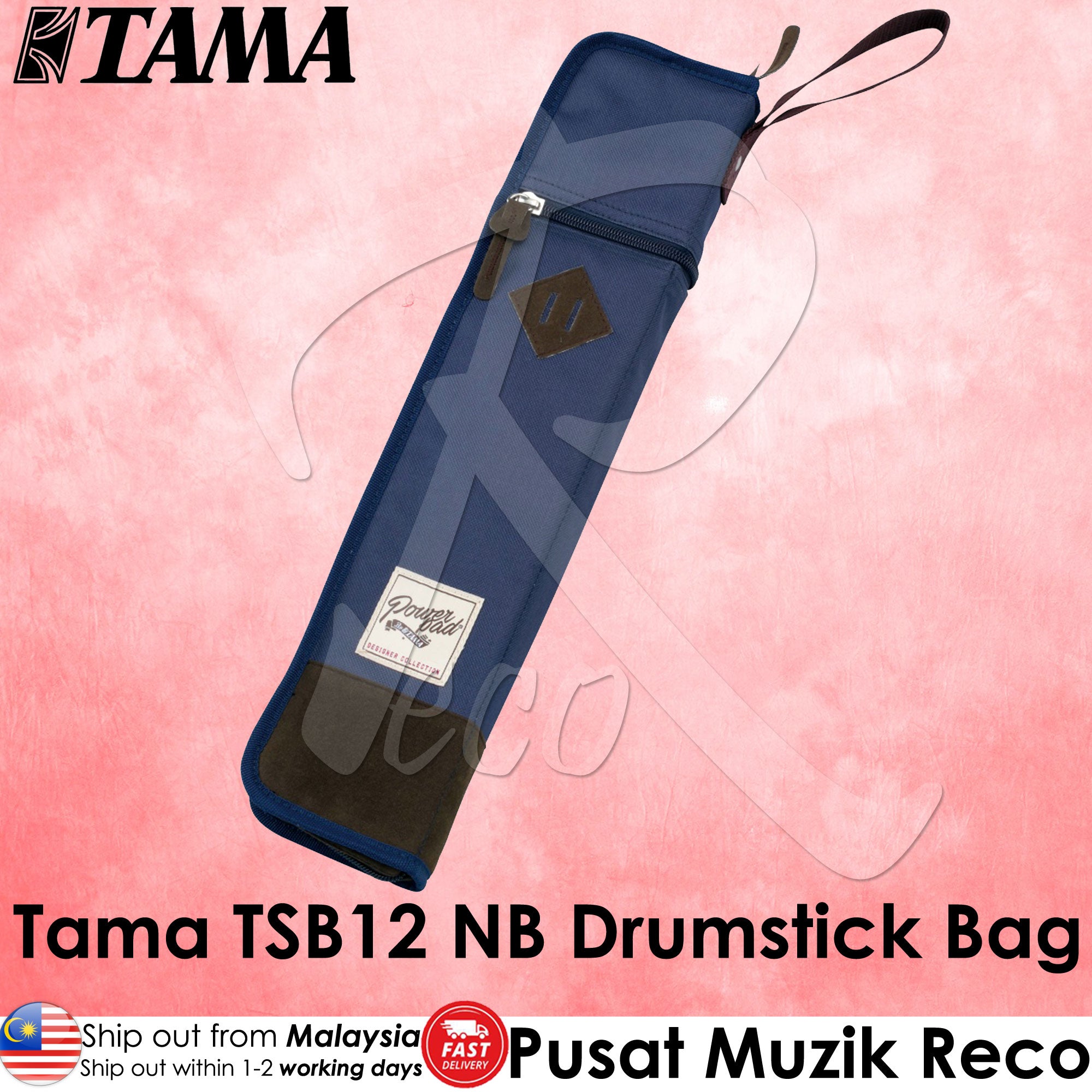 Tama drumstick bag on a pink background with Tama logo.