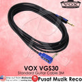 VOX VGS50 standard guitar cable 5m with blue angled connectors and gold-plated plugs, shown coiled on a pink background with VOX branding and seller text overlays.