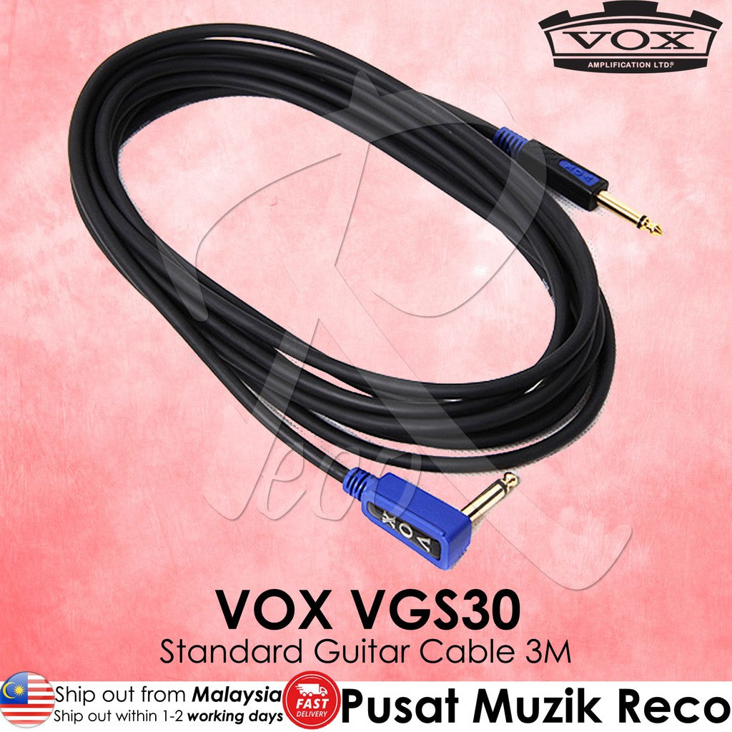 VOX VGS50 standard guitar cable 5m with blue angled connectors and gold-plated plugs, shown coiled on a pink background with VOX branding and seller text overlays.