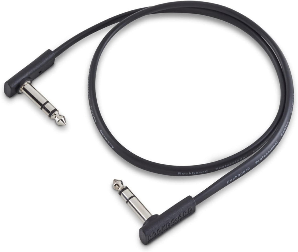 Black audio cable with 1/4 inch connectors on a white background