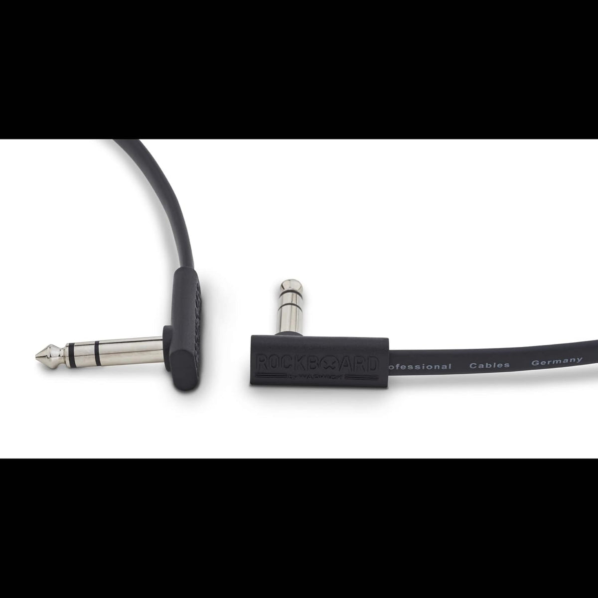 Black audio cable with 90-degree connector on a white background