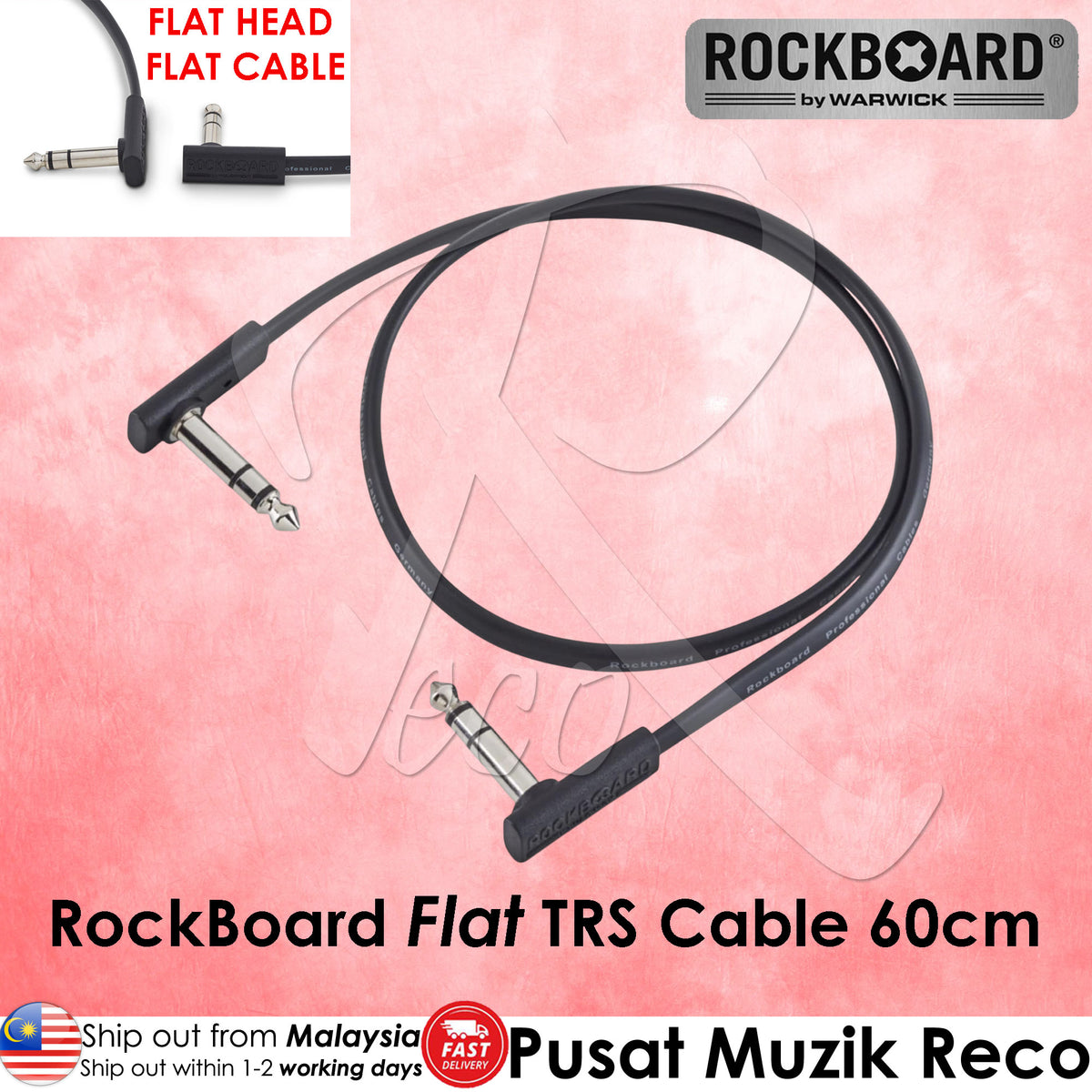 RockBoard Flat TRS Cable 60cm on a pink background with brand logo.