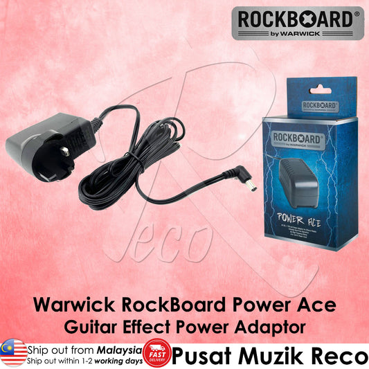 Warwick RockBoard Power Ace 9v Power Supply Adapter Set, including a black power adapter and a power cord, with packaging indicating the product is made by Warwick and designed for guitar effects.