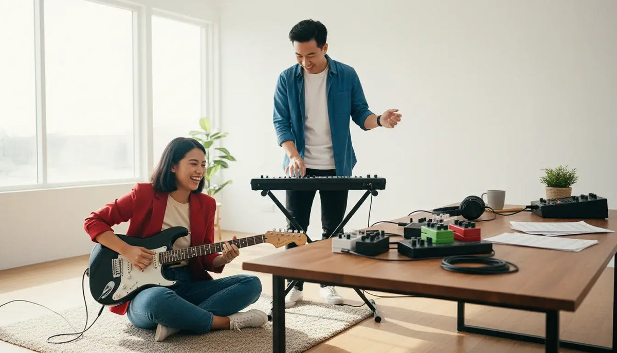 A man and a woman are playing music in a bright room. The woman sits on the floor playing a black electric guitar, while the man stands behind a keyboard.