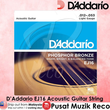 *D'Addario EJ16 Phosphor Bronze Acoustic Strings, 12-53 Light - Reco Music Malaysia