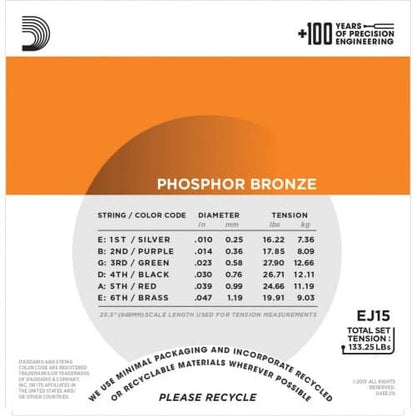 *D'Addario EJ15 Phosphor Bronze Acoustic Guitar Strings, Extra Light - Reco Music Malaysia