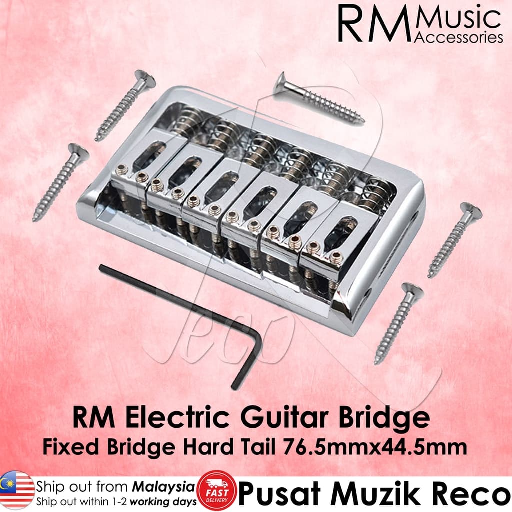 RM Electric Guitar Fixed Bridge Hardtail Guitar Bridge 76.5mm x 44.5mm, Chrome - Reco Music Malaysia