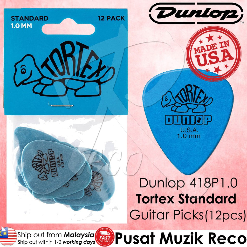 A pack of Dunlop 418P1.0 Tortex Standard blue guitar picks, with 12 pieces in a blister pack, marked as made in the USA.