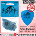 A pack of Dunlop 418P1.0 Tortex Standard blue guitar picks, with 12 pieces in a blister pack, marked as made in the USA.