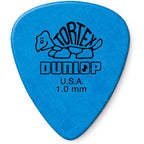 A pack of Dunlop 418P1.0 Tortex Standard blue guitar picks, with 12 pieces in a blister pack, marked as made in the USA.