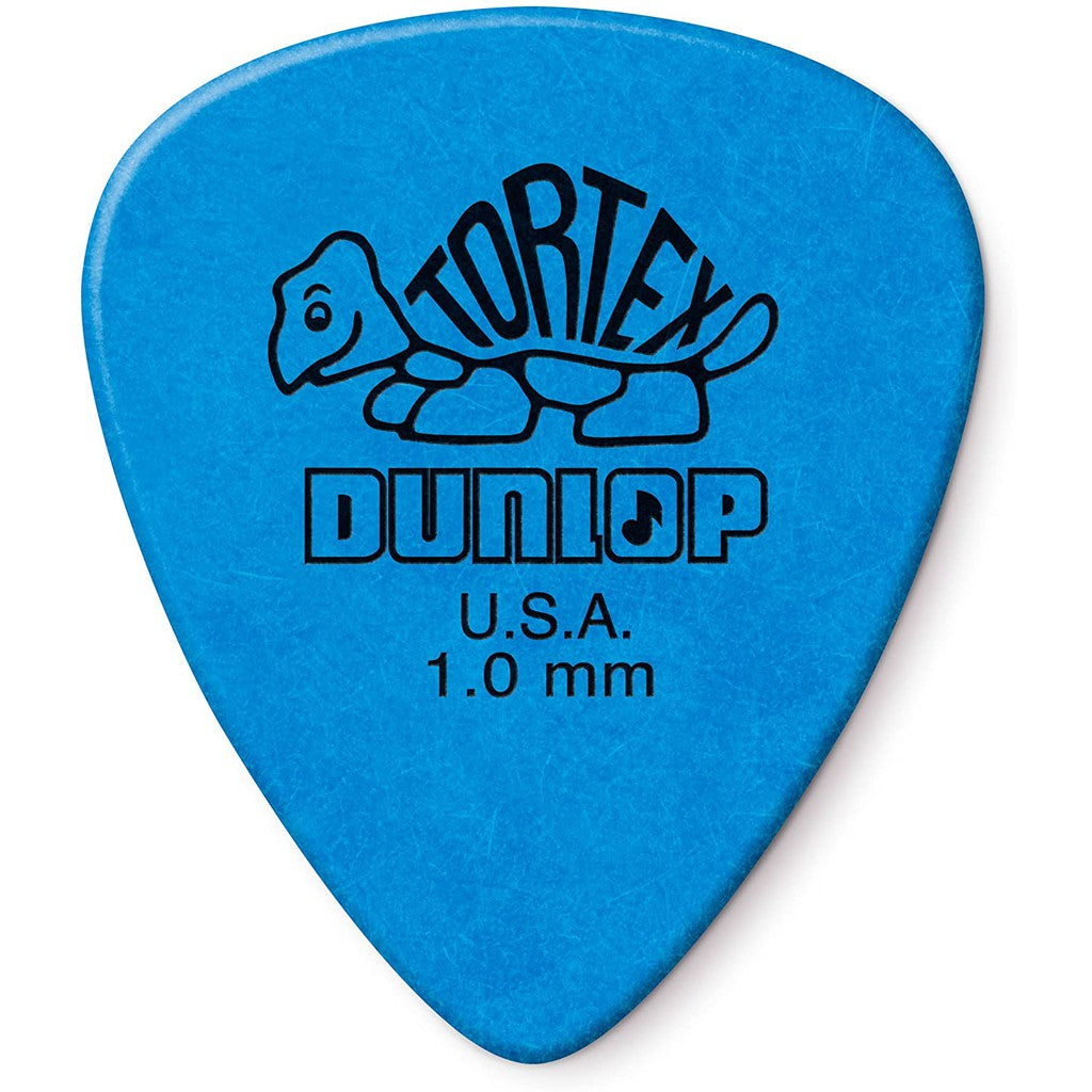 A pack of Dunlop 418P1.0 Tortex Standard blue guitar picks, with 12 pieces in a blister pack, marked as made in the USA.