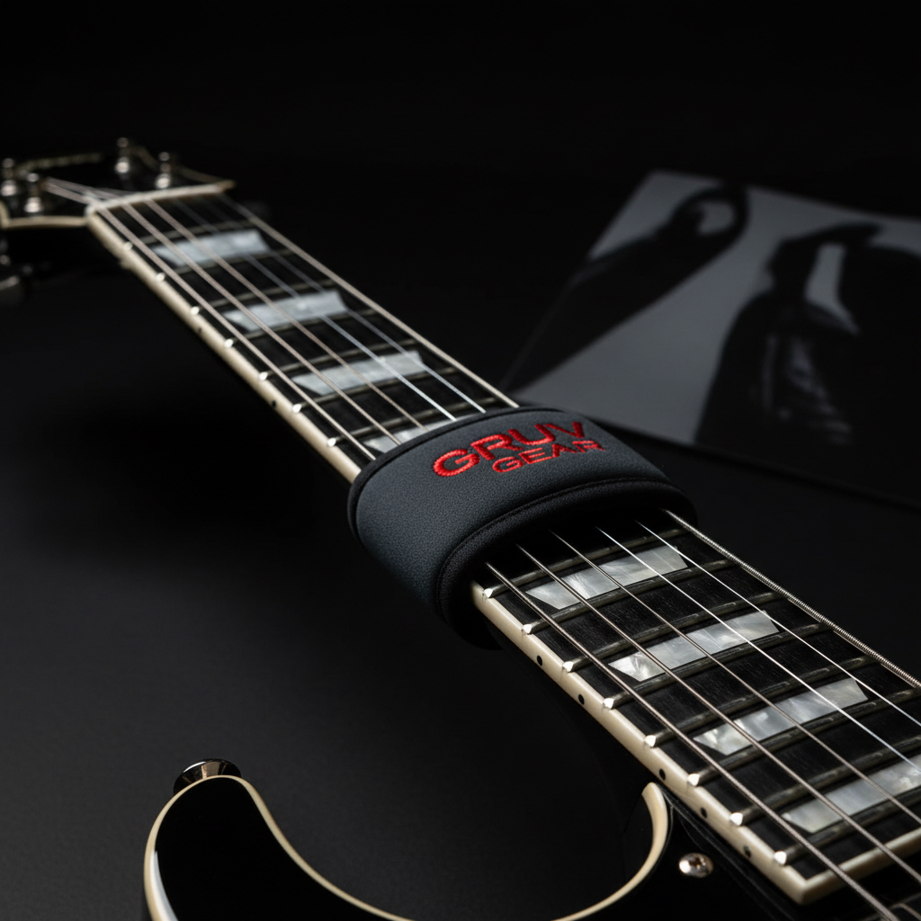 Gruv Gear FretWrap on black electric guitar neck – dark editorial studio shot