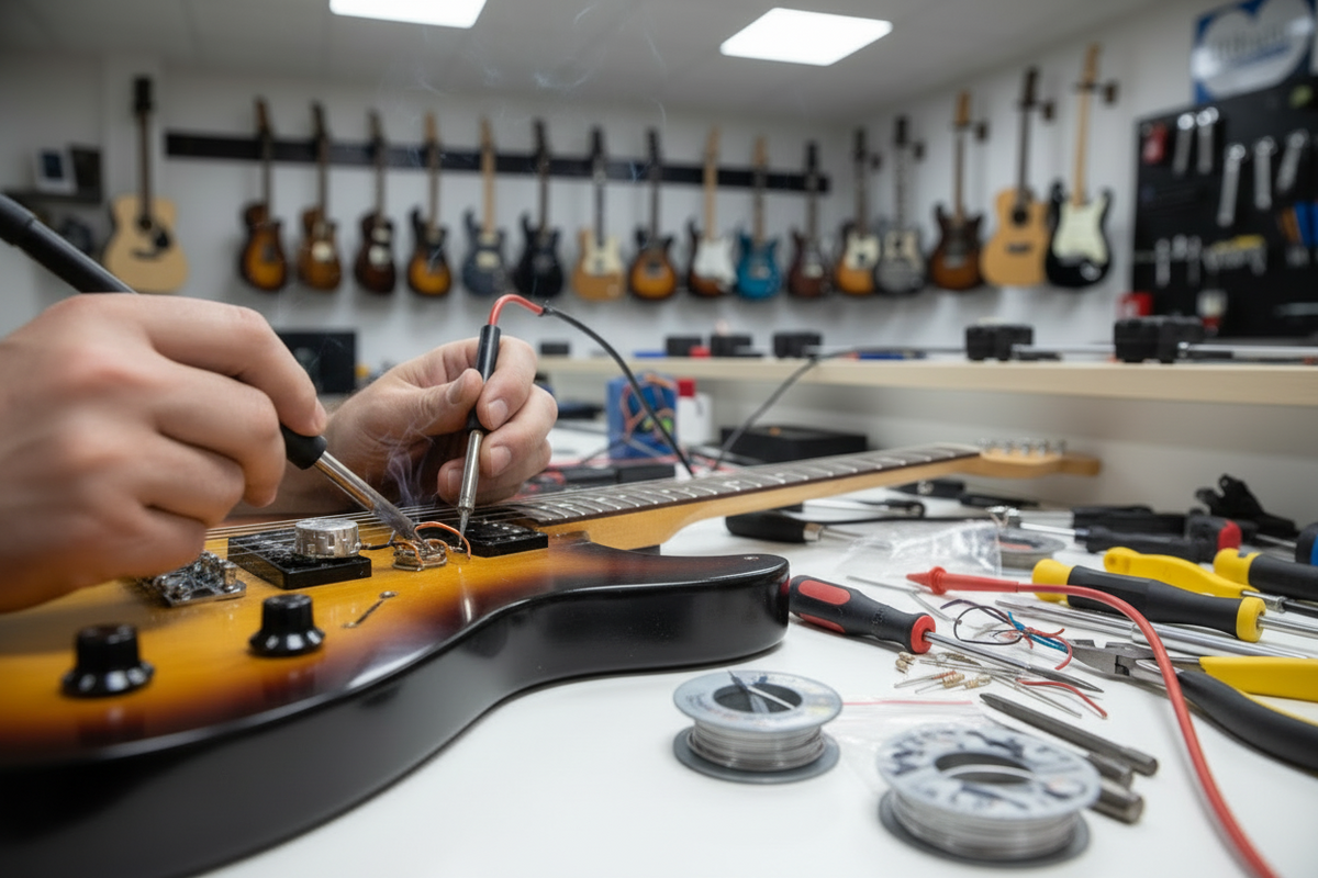 A close-up of a person's hands using a soldering iron and multimeter to repair an electric guitar's electronics on a workbench, with tools and other guitars hanging in the background.