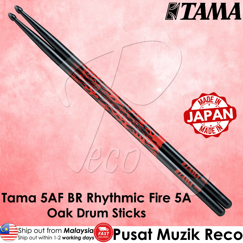 Tama 5A-F-BR Rhythmic Fire Japanese Oak 5A Drumsticks, Black/Red Pattern - Reco Music Malaysia