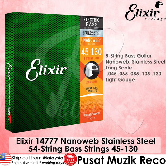 *Elixir 14777 Nanoweb Stainless Steel 5 String Electric Bass Strings (045-130) - Reco Music Malaysia