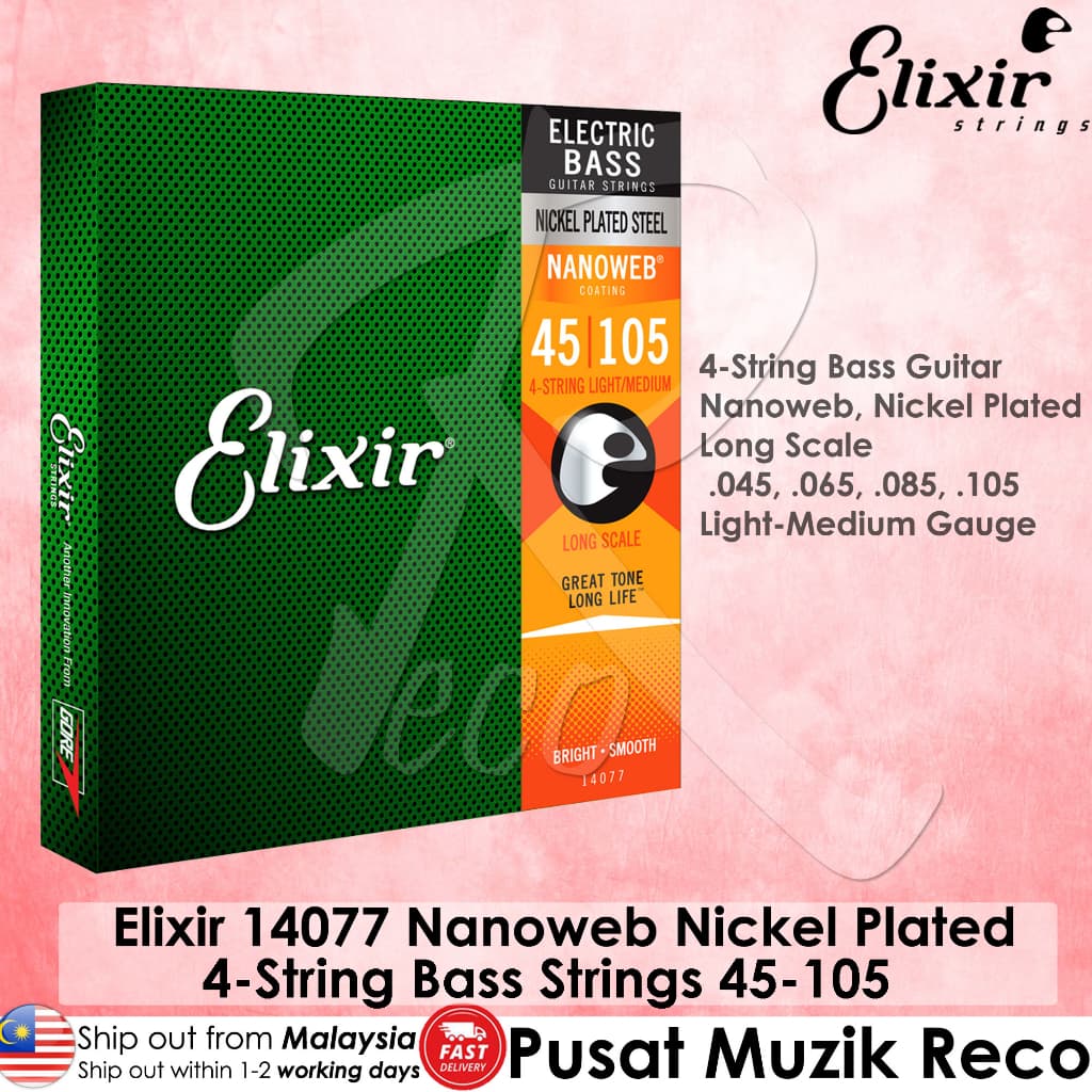 *Elixir 14077 Nanoweb Medium Long Scale 4 String Electric Bass Strings 45-105 - Reco Music Malaysia