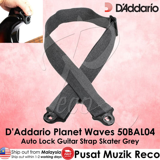 *D'Addario Planet Waves 50BAL04 50mm Auto Lock Guitar Strap, Skater Grey - Reco Music Malaysia